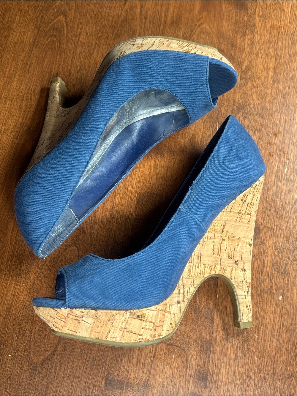 BAMBOO Blue Canvas Cork Platform Peep-Toe Wedges